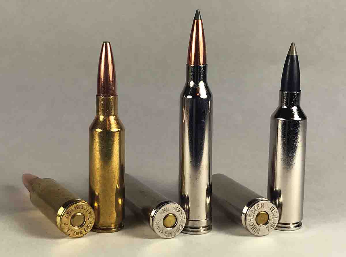The (left) .264 Winchester Magnum never caught on compared to the (center) 7mm Remington Magnum. Many hunters consider the recoil from the (right) .300 Winchester Magnum excessive.